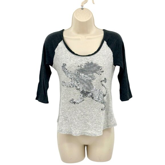 Express Womens Silver Sequin Lion Tee Size Small T-Shirt Baseball Sleeves Grey - Picture 1 of 9